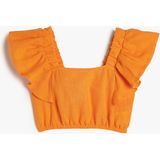 Koton Keten Crop Bluz Kelebek Kollu Kare Yaka - Turuncu - 7 - 8 Yaş