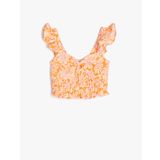 Koton Keten Crop Bluz Kolsuz Çiçekli Gipe Detaylı