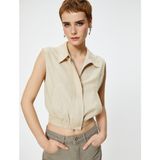 Koton Keten Karışımlı Crop Gömlek Kolsuz Fermuarlı Beli Lastikli - Ekru - 34