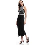 Koton Keten Karışımlı Drape Detaylı Yırtmaçlı Asimetrik Midi Kruvaze Etek - Siyah - 38