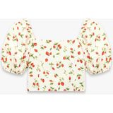 Koton Keten Viskon Karışımlı Gipeli Slim Fit Poplin Kare Yaka Crop Balon Kollu Çilek Desenli Bluz - Kırmızı - 5 - 6 Yaş