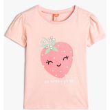 Koton Kısa Kollu Pamuklu Çilek Baskılı Tişört Kız Çocuk Günlük Stil Bej Renk - 9 - 12 Ay - Pembe