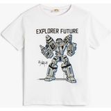 Koton Kısa Kollu Pamuklu Tişört Erkek Çocuk Günlük Stil Robot Baskılı Beyaz - 7 - 8 Yaş