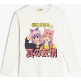 Koton Kız Çocuk Anime Baskılı Uzun Kollu Pamuklu Tişört Ekru Normal Kesim Düz Yaka - 4 - 5 Yaş