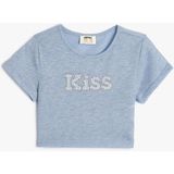 Koton Kız Çocuk Crop T-Shirt Pul Detaylı Bisiklet Yaka - Mavi - 6 - 7 Yaş
