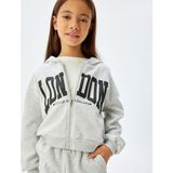 Koton Kız Çocuk Fermuarlı Gri Crop Sweatshirt Kapşonlu Desenli Şardonlu Uzun Kol