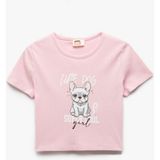 Koton Kız Çocuk Pamuklu Köpek Baskılı Kısa Kollu Tişört Slim Fit Bisiklet Yaka Pembe - 7 - 8 Yaş