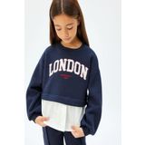 Koton Kız Çocuk Sweatshirt London Şehir Baskılı Bisiklet Yaka Gömlek Etek Ucu Detaylı Şardonlu