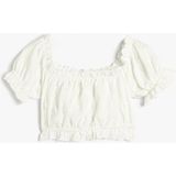 Koton Kız Çocuk U Yaka Fırfırlı Fistolu Balon Kısa Kollu Crop Bluz 3SKG10295AK - Ekru - 5 - 6 Yaş