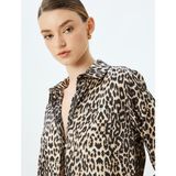 Koton Klasik Yaka Uzun Kollu Leopar Desenli Saten Gömlek - Kahve - 36