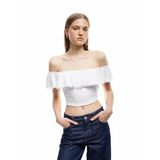 Koton Kolsuz Astarlı Slim Fit Fistolu Brodeli Fırfırlı Omzu Açık Crop Bluz