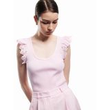 Koton Kolsuz Brodeli Fırfır Detaylı Triko Bluz - Pembe