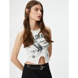 Koton Kolsuz Crop Tişört Kartal Baskılı Önden Asimetrik Kesim Slim Fit Pamuklu - Ekru - XS