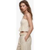 Koton Koton x Melis Ağazat - Slim Fit Keten Karışımlı Fırfırlı Çizgili Straplez Crop Korse Büstiyer - Beyaz - 38