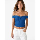 Koton Koton x Şahika Ercümen - Bürümcük Kumaş Kalp Yaka Düğüm Detaylı Omzu Açık Crop Top - Mavi