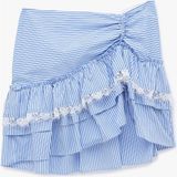 Koton Koton x Sibil Çetinkaya - Fırfırlı Dantel Detaylı Çizgili Poplin Mini Etek - Mavi - 36
