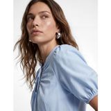 Koton Koton x Sibil Çetinkaya - Pamuklu Slim Fit Kısa Kollu Büzgülü Yaka Poplin Gömlek - 40 - Mavi