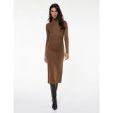 Koton Koton x Sibil Çetinkaya - Uzun Kollu Dik Yaka Drape Detaylı Slim Fit Midi Boy Kalem Elbise - Kahve
