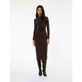 Koton Koton x Sibil Çetinkaya - Uzun Kollu Dik Yaka Metal Aksesuarlı Slim Fit Maxi Elbise - Kahve - XL