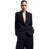 Koton Krep Kumaş Cepli Düğmeli Uzun Kollu Kruvaze Oversize Blazer Ceket - Siyah - 36