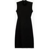 Koton Krep Scuba Kumaş Slim Fit Kolsuz Dik Yaka Midi Elbise - XS - Siyah