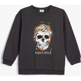 Koton Kuru Kafa Baskılı Uzun Kollu Sweatshirt Erkek Çocuk İçin Bisiklet Yaka Orta Kalınlık - Gri - 5 - 6 Yaş