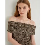 Koton Leopar Desenli Bluz Kısa Kollu Kayık Yaka Drapeli Slim Fit