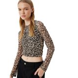 Koton Leopar Tül Bluz Crop Uzun Kollu Bisiklet Yaka Büzgülü