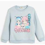 Koton Mavi Anime Baskılı Uzun Kollu Sweatshirt Kız Çocuklar İçin Şık Tasarım - 7 - 8 Yaş