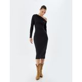 Koton Midi Elbise Asimetrik Yaka Drapeli Slim Fit Uzun Kollu - XS - Siyah
