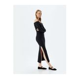 Koton Midi Elbise Fitilli Kayık Yaka Yırtmaç Detaylı Slim Fit Uzun Kollu