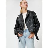 Koton Oversize Biker Ceket Deri Görünümlü Fermuarlı - Siyah - 38