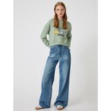 Koton Oversize Crop Sweatshirt Kapüşonlu Kedi Baskılı - M - Yeşil
