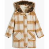 Koton Oversize Kaban Kapşonlu Suni Kürk Detaylı Çıtçıt Kapaklı Cepli Ekru Ekose 4wkg00002aw 4WKG00002AW0C1 Ekru