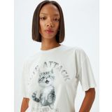 Koton Oversize Kedi Baskılı Bisiklet Yaka Kısa Kollu Pamuklu Tişört, S, 5SAL10132IK, Ekru, Kadın