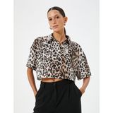 Koton Oversize Leopar Desenli Crop Gömlek Kısa Kollu - 34 - Siyah