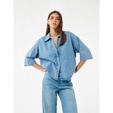 Koton Oversize V Yaka Pamuklu Yarım Kollu Jean Gömlek - Mavi