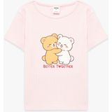 Koton Pamuklu Ayıcık Baskılı Kısa Kollu Bisiklet Yaka Kaşkorse Tişört - Pembe - 2 - 3 Yaş