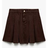 Koton Pamuklu Kalın Pileli Düğmeli Mini Denim Etek - Kahve - 38