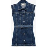 Koton Pamuklu Kemer Detaylı Gömlek Yaka Denim Elbise - Lacivert - 6 - 7 Yaş