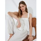 Koton Pamuklu-Keten Karışımlı Askılı Çiçek İşlemeli Crop Pijama Üstü