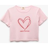 Koton Pamuklu Kısa Kollu Tişört Kız Çocuklar İçin Pembe Kalp Baskılı Regular Fit - 7 - 8 Yaş
