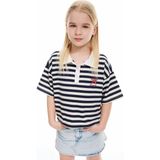 Koton Pamuklu Oversize Işleme Detaylı Kısa Kollu Çizgili Gömlek Yaka Crop Tişört - Lacivert - 7 - 8 Yaş
