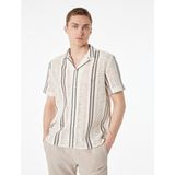 Koton Pamuklu Regular Fit Çizgili Devrik Yaka Ajurlu Kısa Kollu Gömlek - Siyah - 2XL