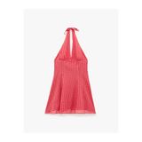 Koton Pamuklu Sırt Dekolteli Boyundan Bağlamalı Pötikare Desenli Halter Yaka Mini Kloş Elbise