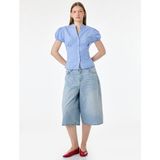 Koton Pamuklu Slim Fit Poplin Balon Kollu V Yaka Gömlek - 34 - Mavi