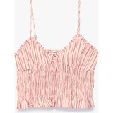 Koton Pamuklu V Yaka Askılı Fırfırlı Gipeli Çizgili Crop Bluz - Pembe - 40