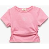 Koton Pencere Detaylı Bisiklet Yaka Kısa Kollu Pamuklu Crop Bluz - Pembe - 11 - 12 Yaş