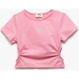 Koton Pencere Detaylı Bisiklet Yaka Kısa Kollu Pamuklu Crop Bluz - Pembe - 11 - 12 Yaş