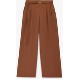 Koton Pile Detaylı Cepli Kemerli Geniş Paça Saten Pantolon - Kahve - Straight - 34